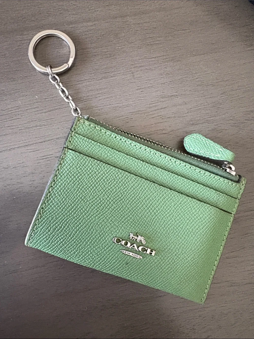 Coach Mint Green Leather Zip Card Case with Key Ring